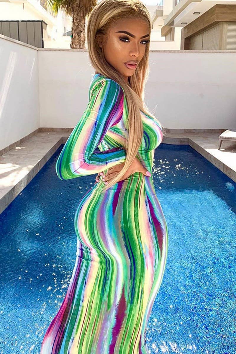 CWDMD4862_V-NECK PRINTED LONG-SLEEVED BODYCON DRESS