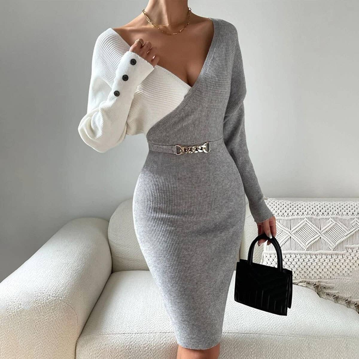 LONG SLEEVE V-NECK PATCHWORK MID-LENGTH DRESS