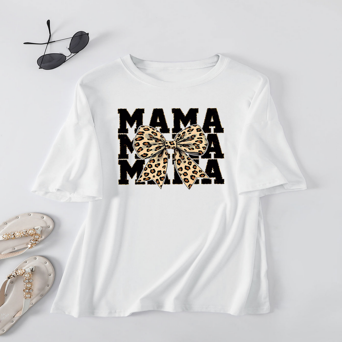 Leopard Bow Print T-Shirt, Loose Fit for Women