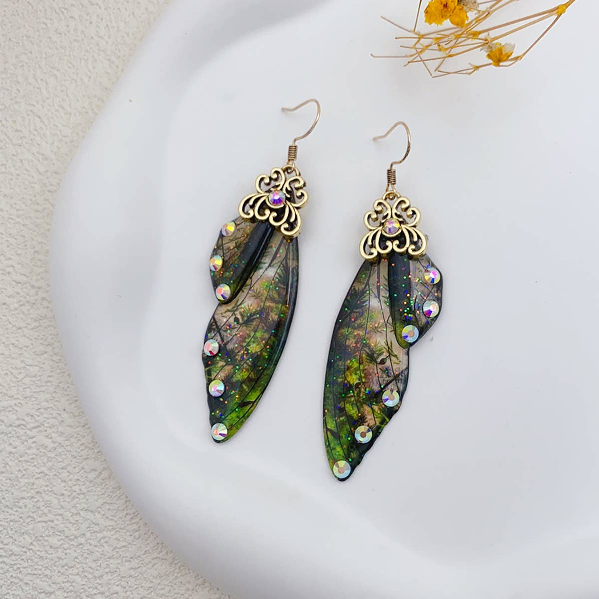 Elegant long earrings with cicada wing wings