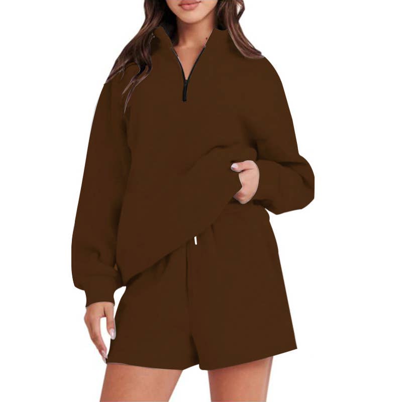 Pocket solid-color shorts and hoodie set