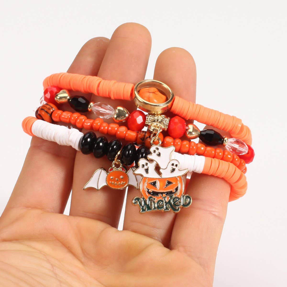 CWMM10432_HALLOWEEN GHOST PUMPKIN SKULL BEADED BRACELET