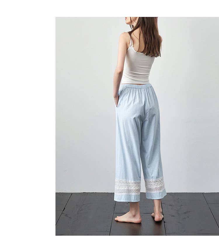 Yarn-dyed patchwork lace cotton pajama pants