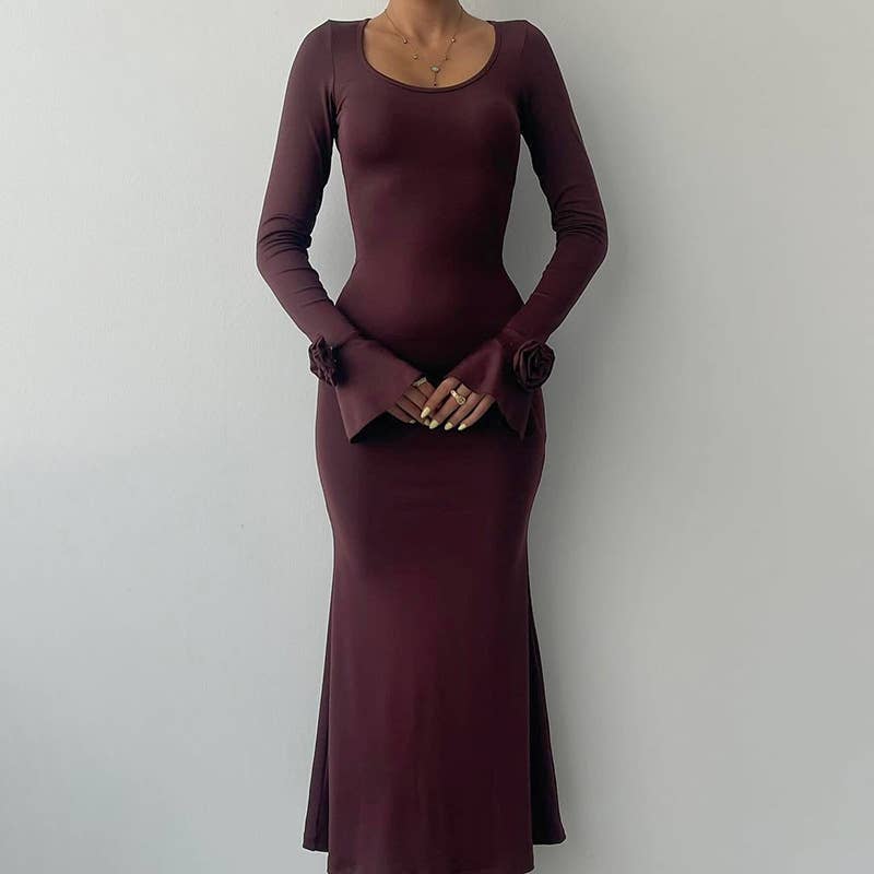 ELEGANT CREW-NECK ROSE LONG-SLEEVED DRESS