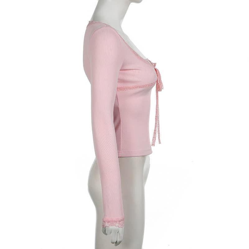 Lace patchwork slim U-neck long sleeve top