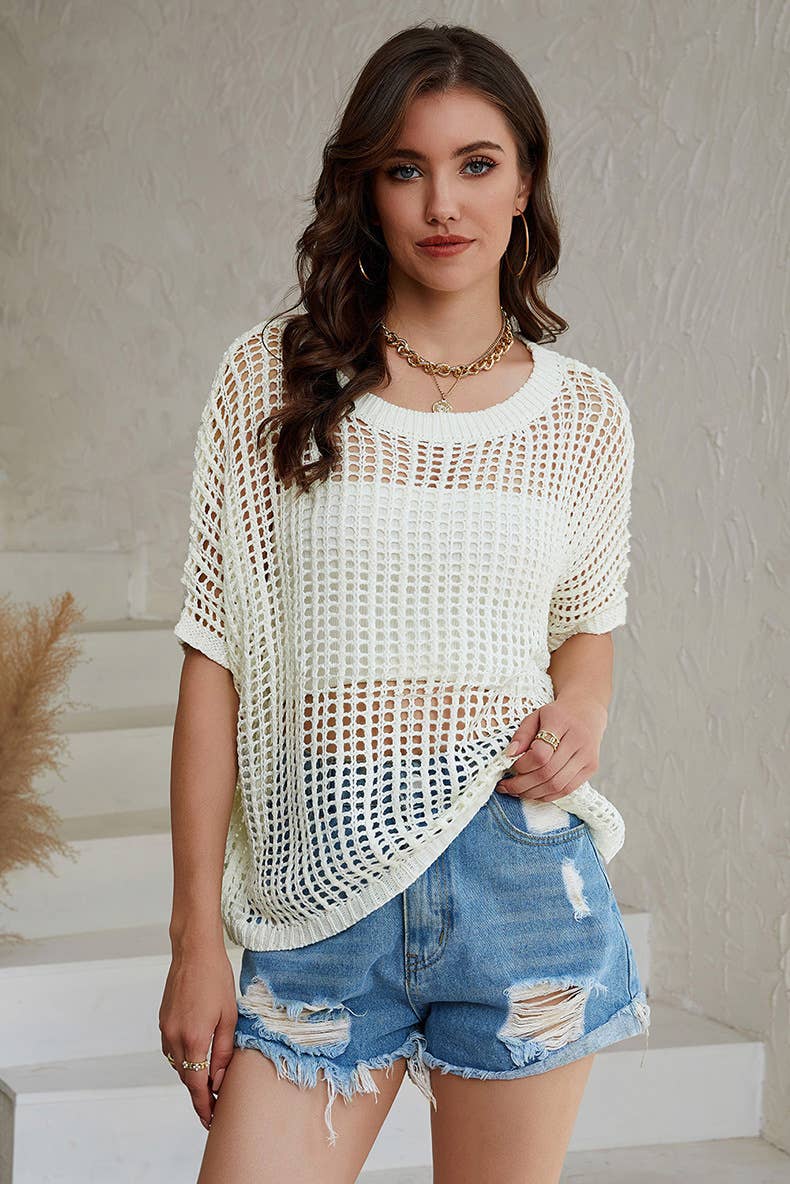 Fishnet knit ribbed crew neck short-sleeved smock