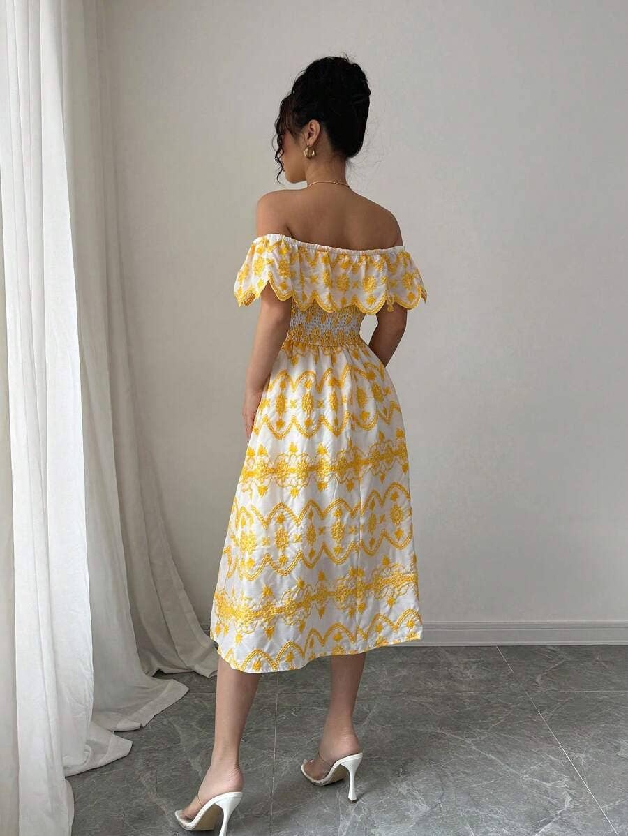 One-shoulder ruffled cutout embroidered dress