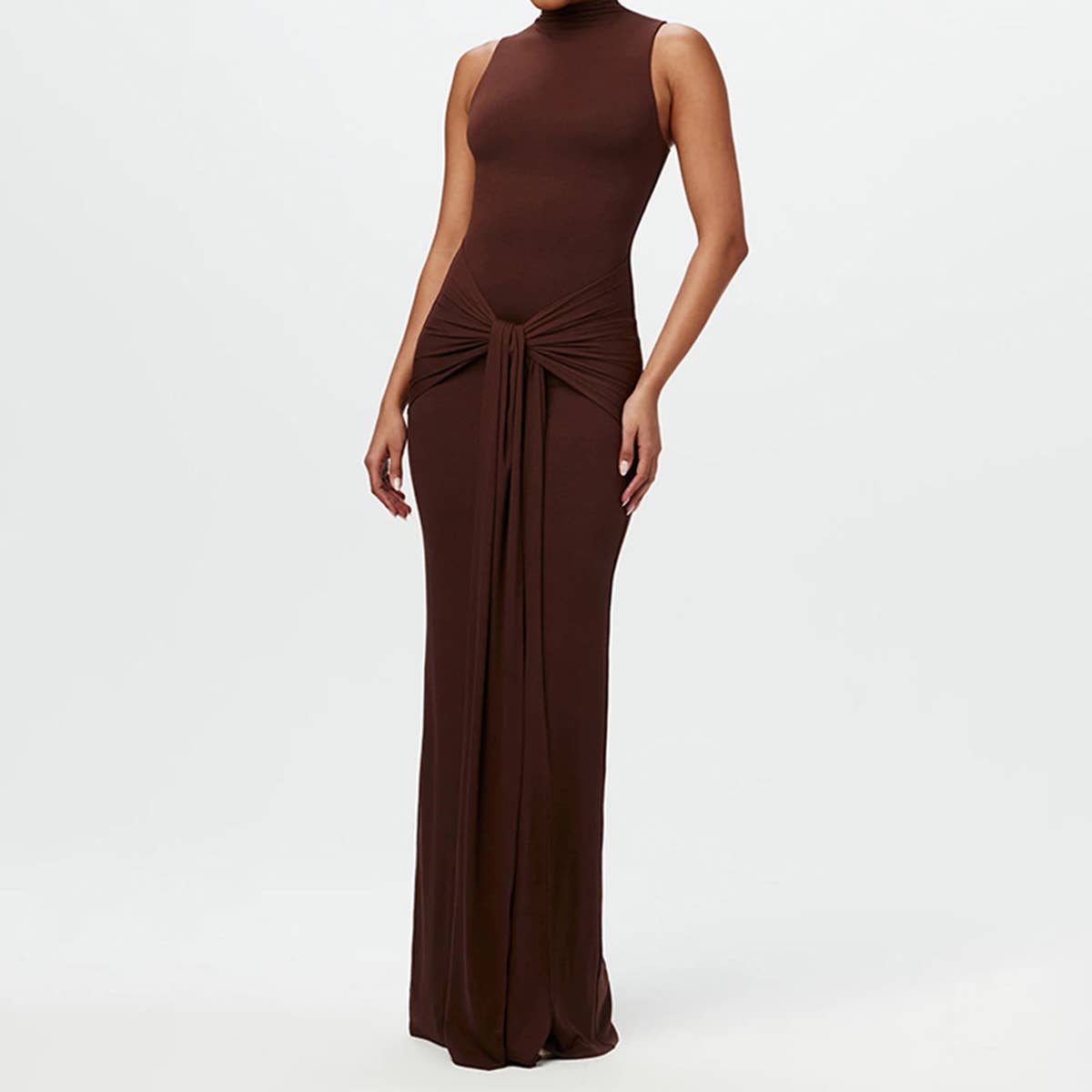 Solid sleeveless bodycon dress with waist tie