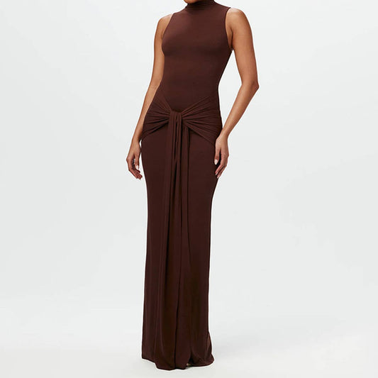 Solid sleeveless bodycon dress with waist tie