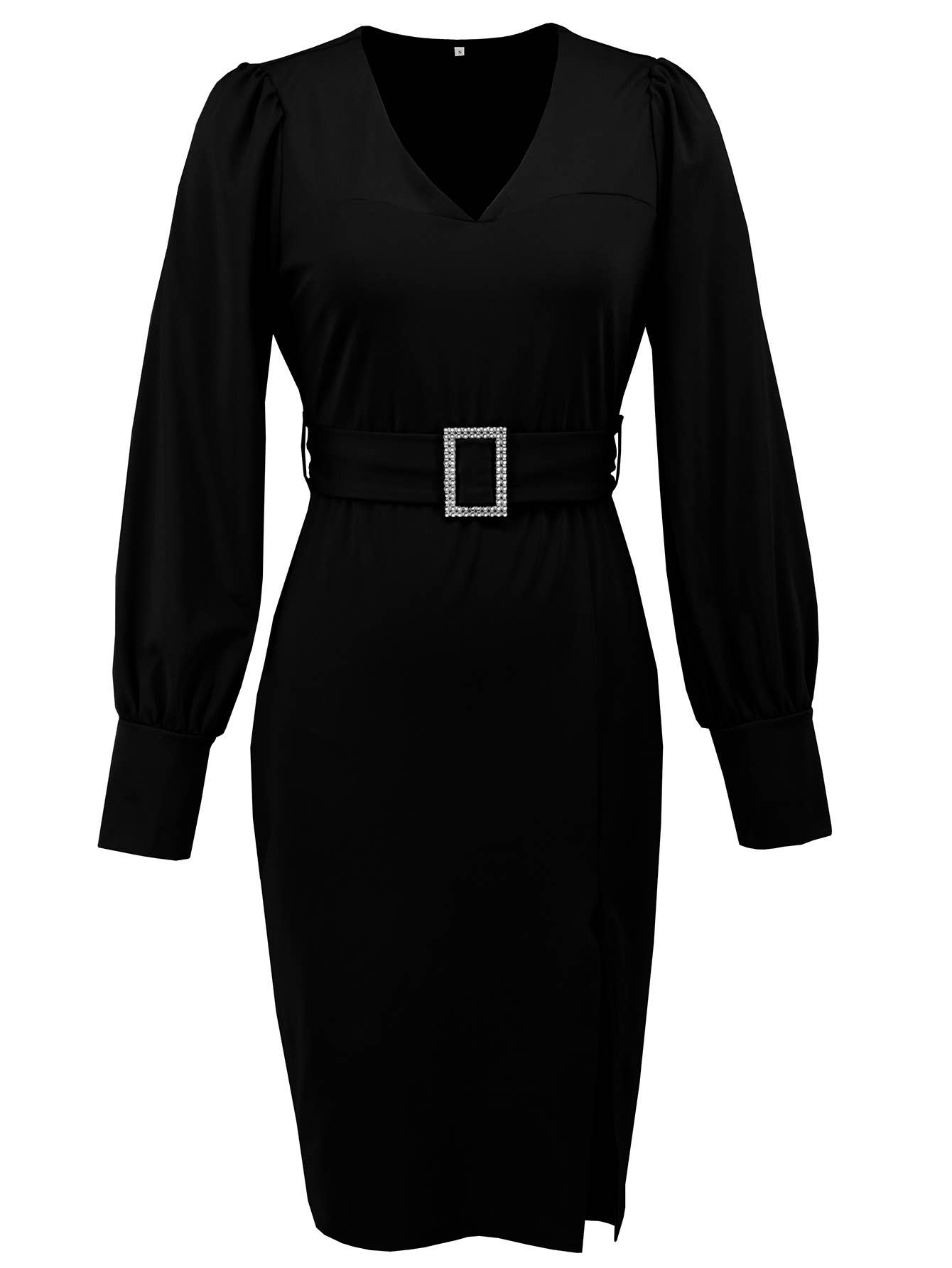 V-neck long-sleeved, belt-hugging knitted dress