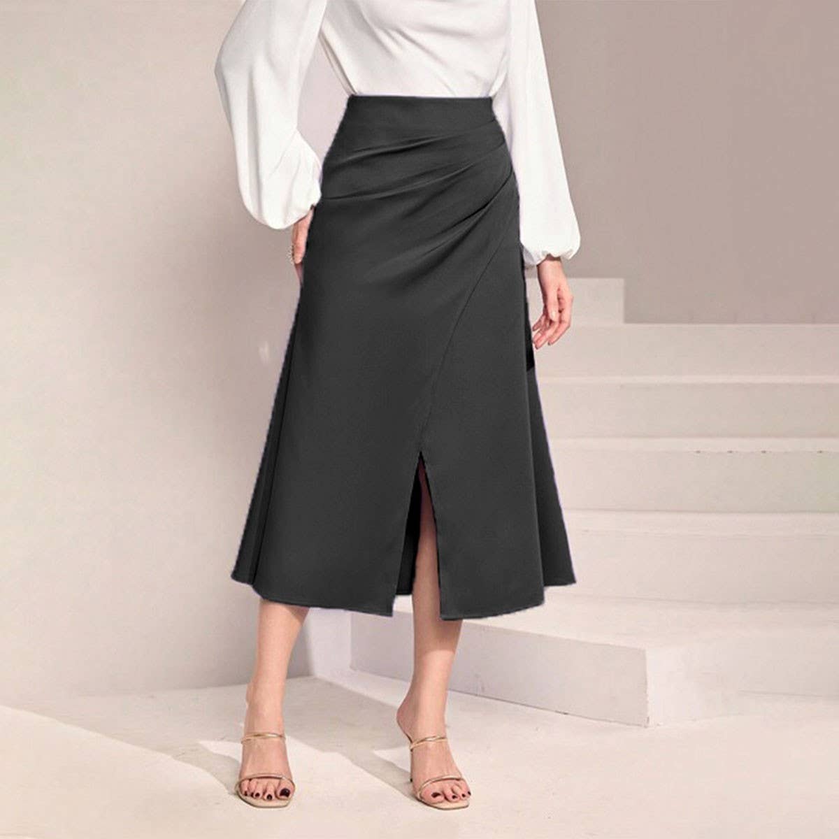 HIGH WAIST SATIN PLEATED SLIT MAXI SKIRT