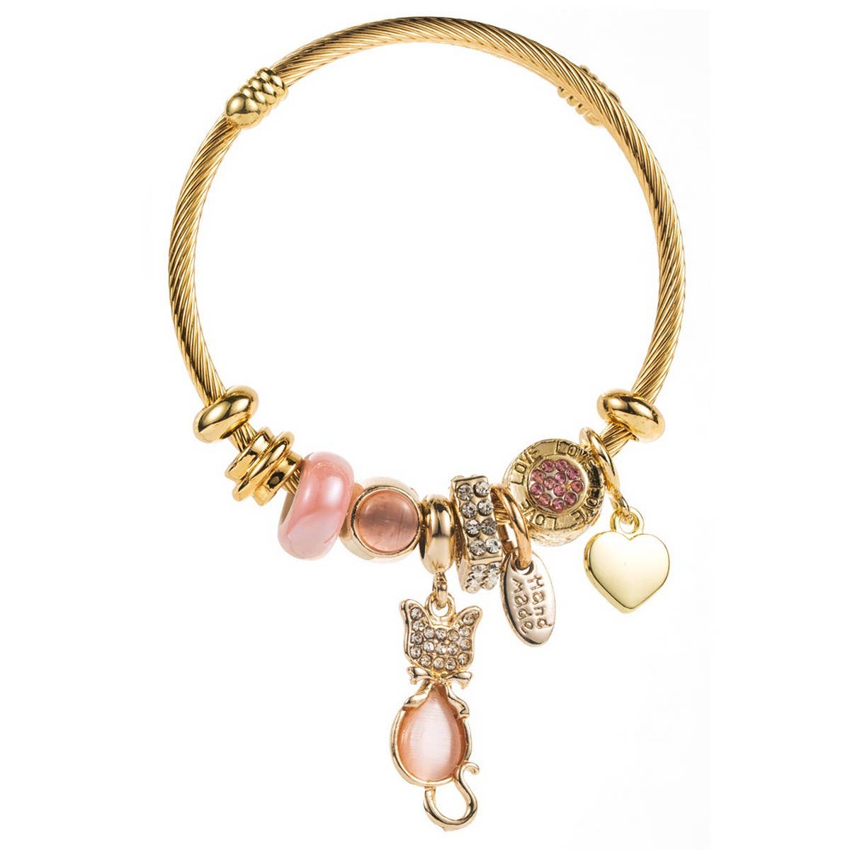 Fashionable Cat & Heart Beaded Steel Bracelet_CWMM8585