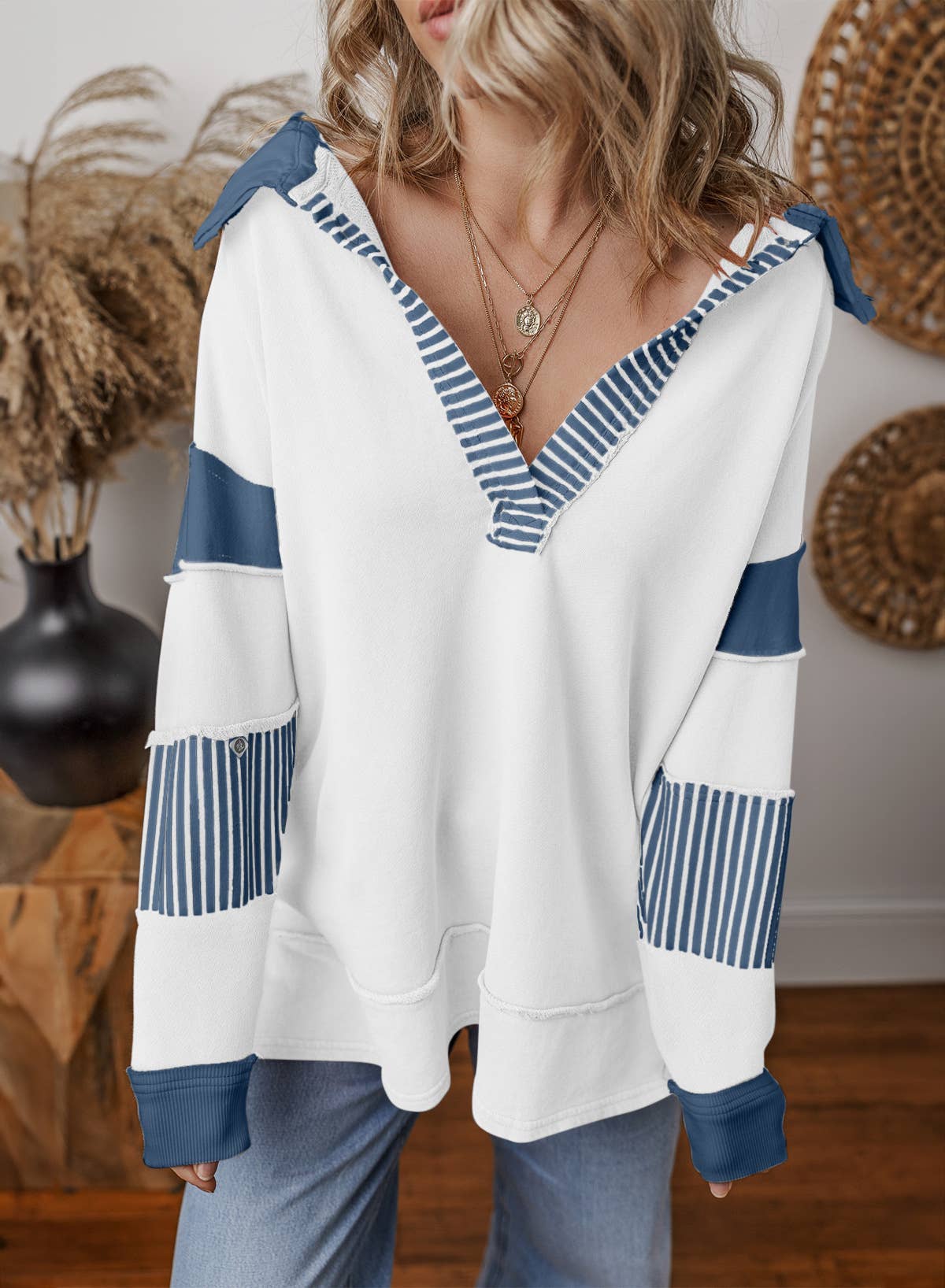 Deep V-Neck Striped And Colored-Color Hoodie