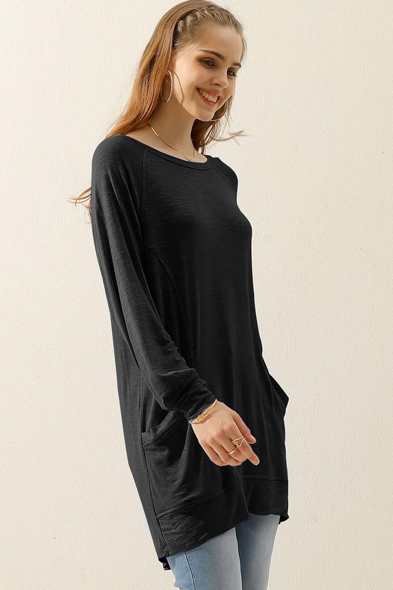 Cwttl1491_R Neck Long Sleeve Slub Long Knit Top With Pockets