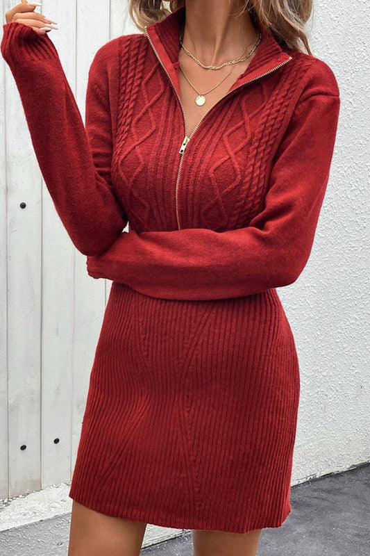 CWDSD6195_ZIPPERED STAND COLLAR KNITTED RED SWEATER DRESS