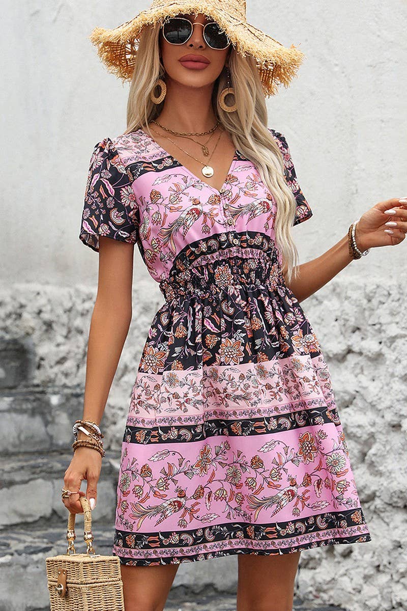 CWDMD4487_2025 NEW BOHEMIAN STYLE V-NECK PRINTED DRESS