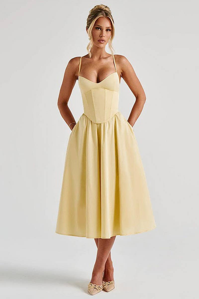 CWDMD5068_SPRING V-NECK SOLID COLOR WAIST SUSPENDER DRESS