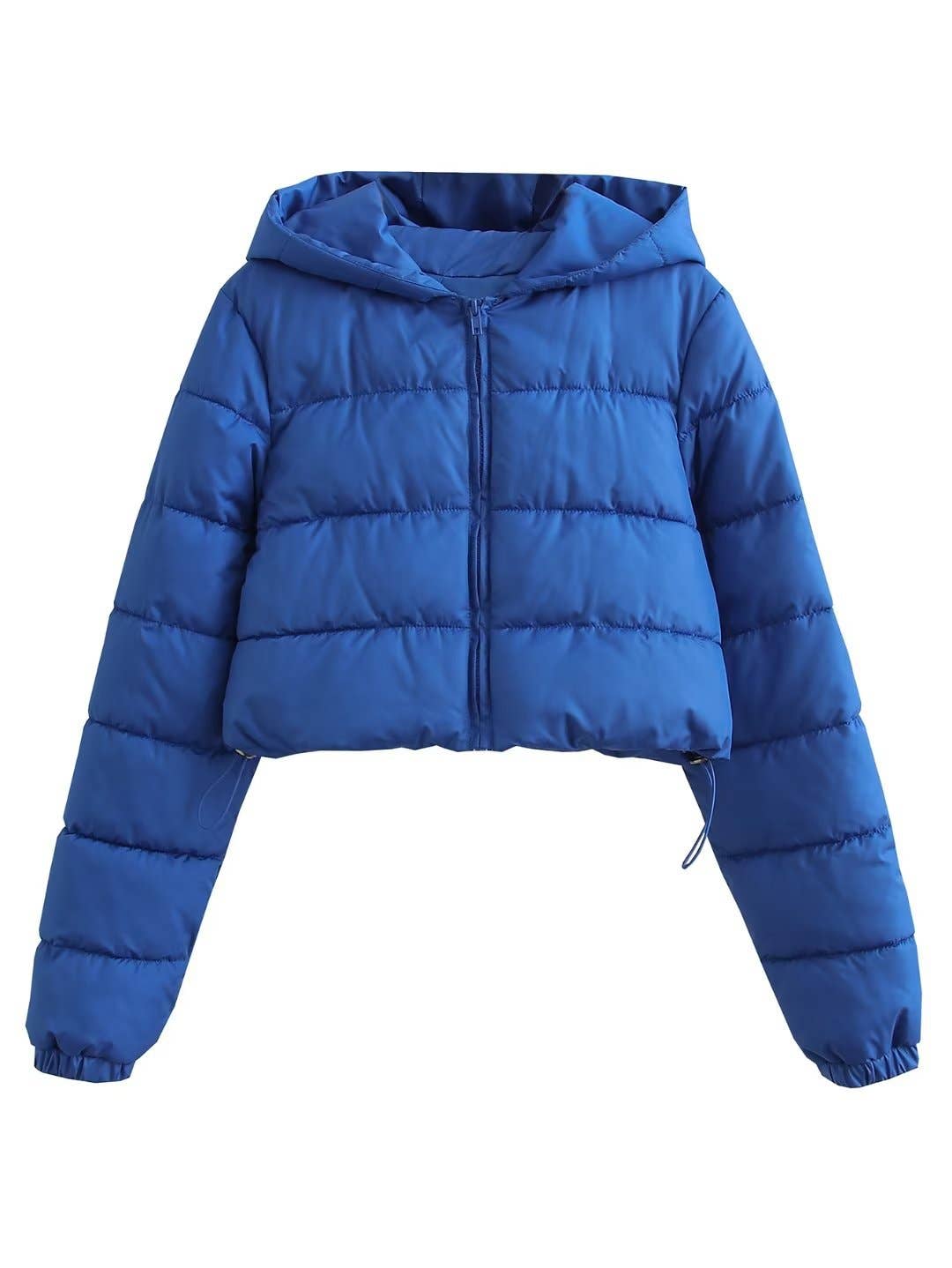 Short solid-color hooded hand-stuffed jacket