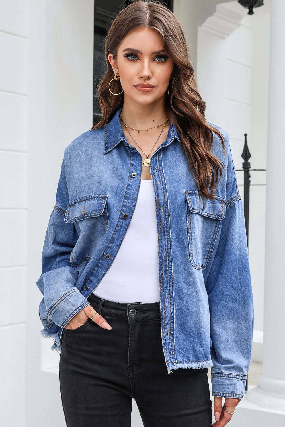 DROP SHOULDER VINTAGE DENIM SHIRT WITH OLD LAPELS