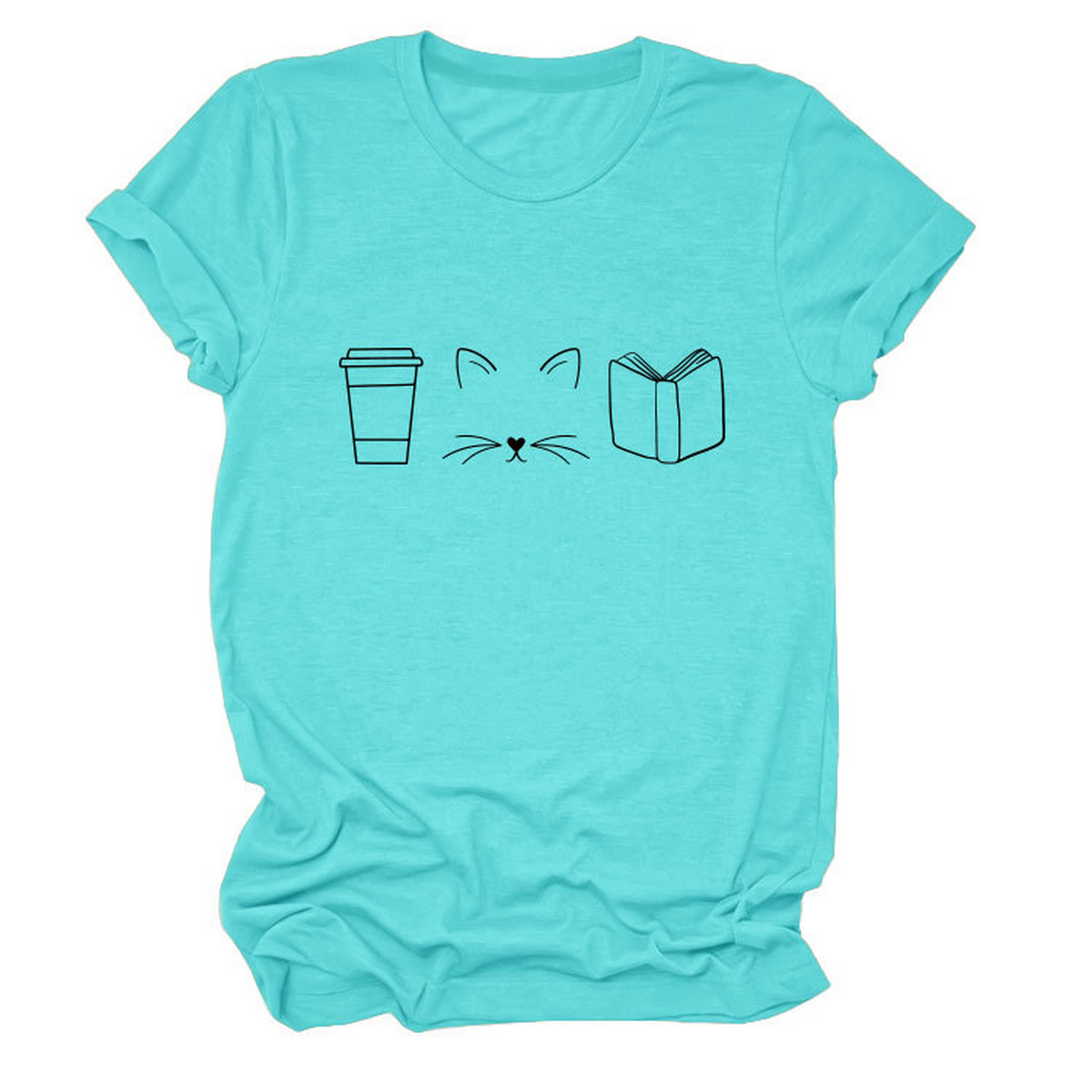 Cute Cat Line Art Tee ? Coffee Cup Print Shirt