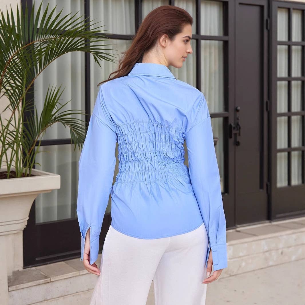 Fashionable lapel pleated cinched-waist shirt