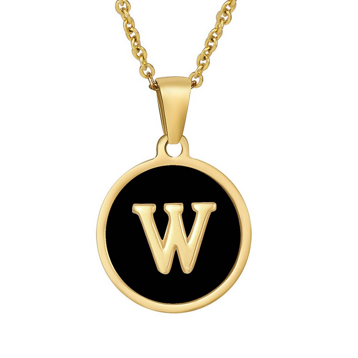 CWAJE1935_Round Stainless Steel Black Shell Letter Necklace