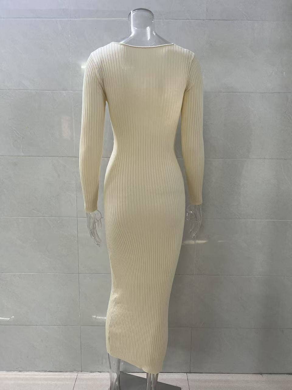 Pleated chests solid-color long-sleeved dress