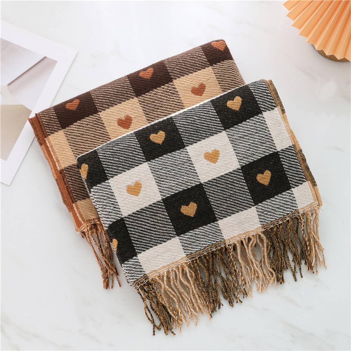 Plaid Scarf - Heart Colorblock Tassel Winter Shawl_CWASC0980