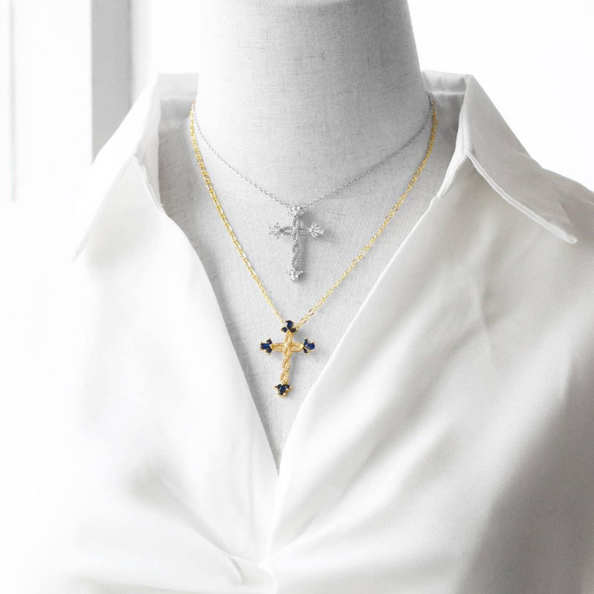 COLORED ZIRCON CROSS PENDANT NECKLACE