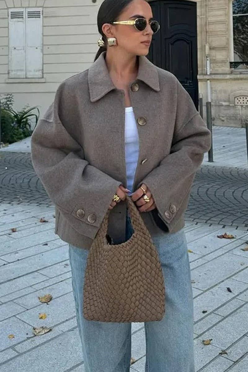 CWOCO1065_SOLID COLOR LAPEL BUTTON LOOSE WOOLEN COAT