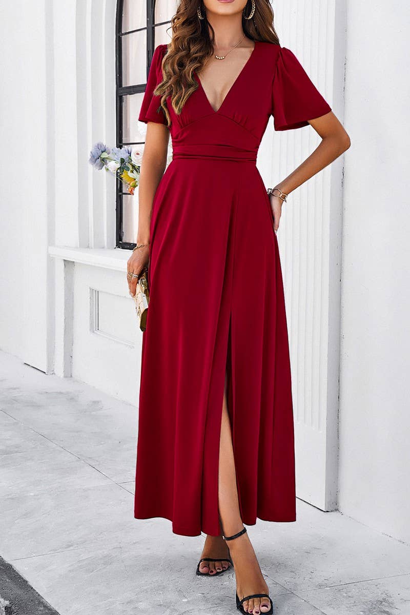 PURE COLOR TEMPERAMENT SLIM V NECK DRESS_CWDMD1296