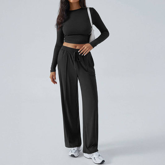 TEMPERAMENT ROUND NECK TOP WIDE LEG PANT SUIT