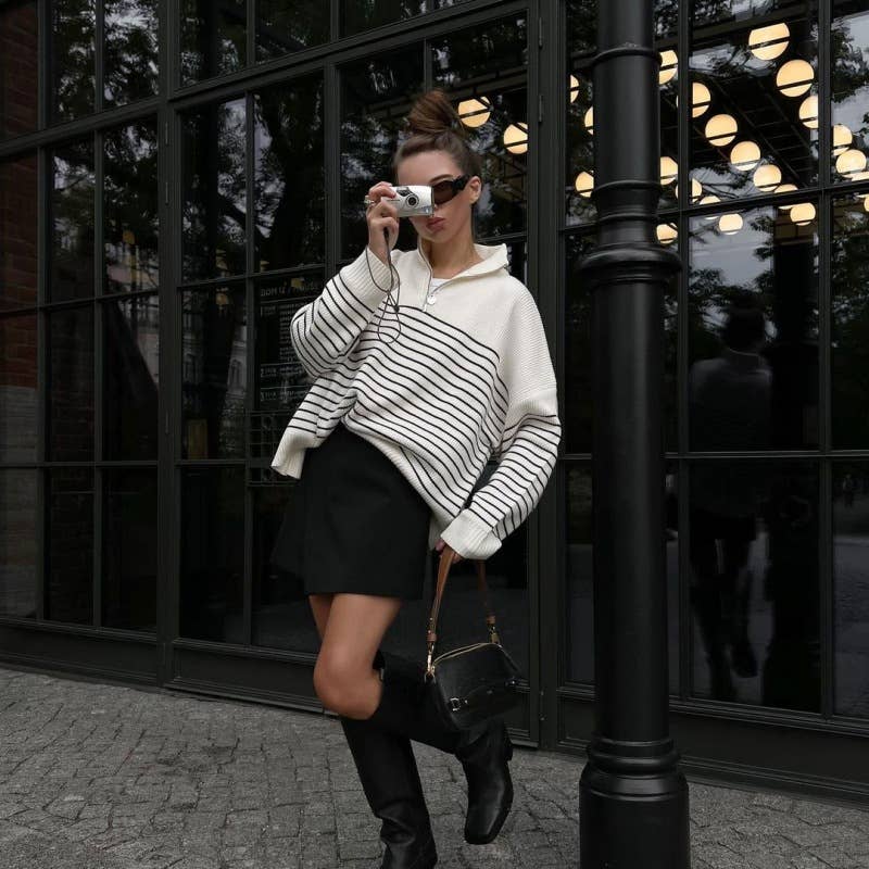 Striped lapel half-zipper knitted sweater