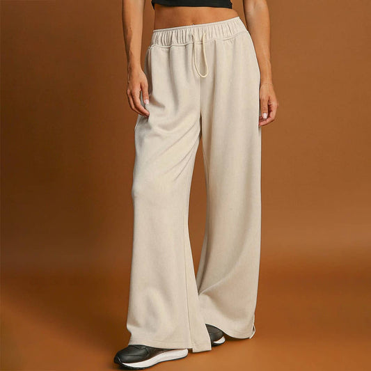 SIMPLE SOLID COLOR DRAWSTRING WIDE-LEG PANTS