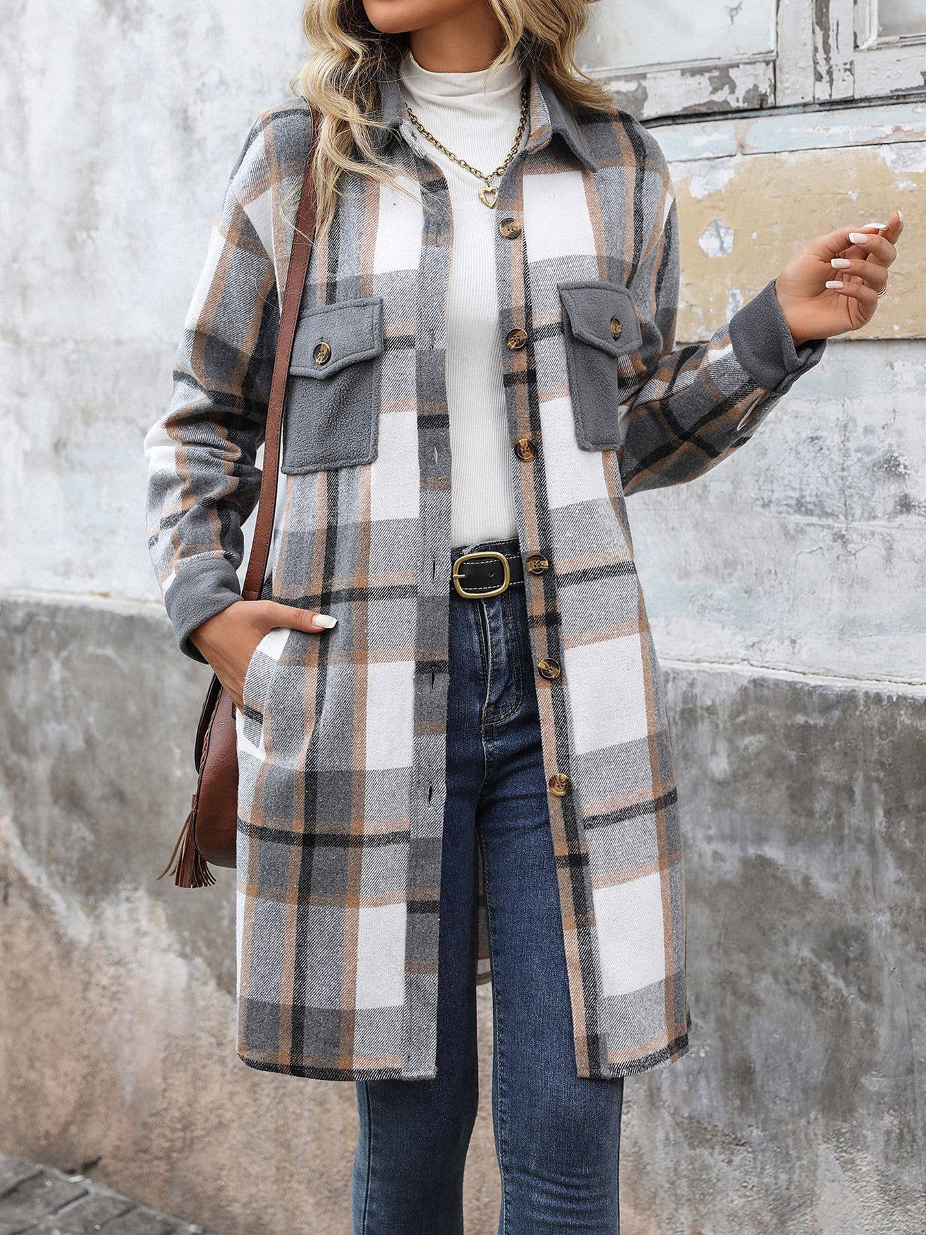 LONG SINGLE BREASTED COAT IN BRUSHED PLAID