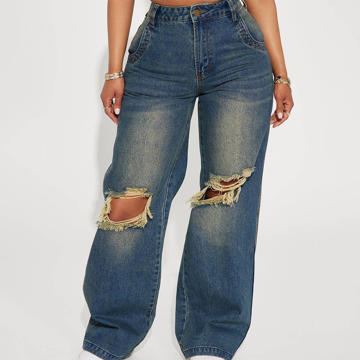 VINTAGE HEAVY WASH KNEE HOLE WIDE-LEG DENIM PANTS