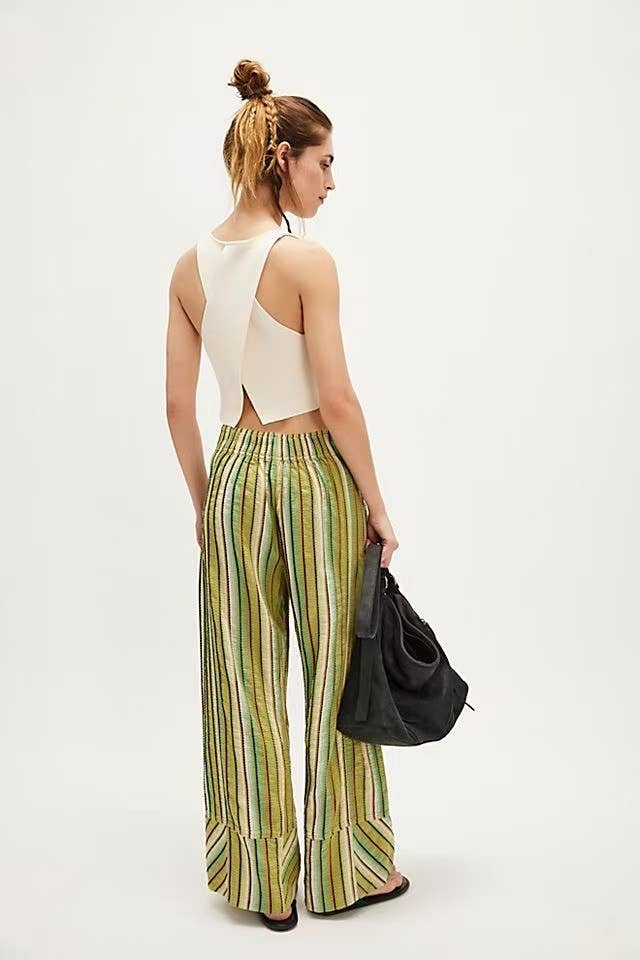 Loose,casual high-waisted striped wide-leg pants