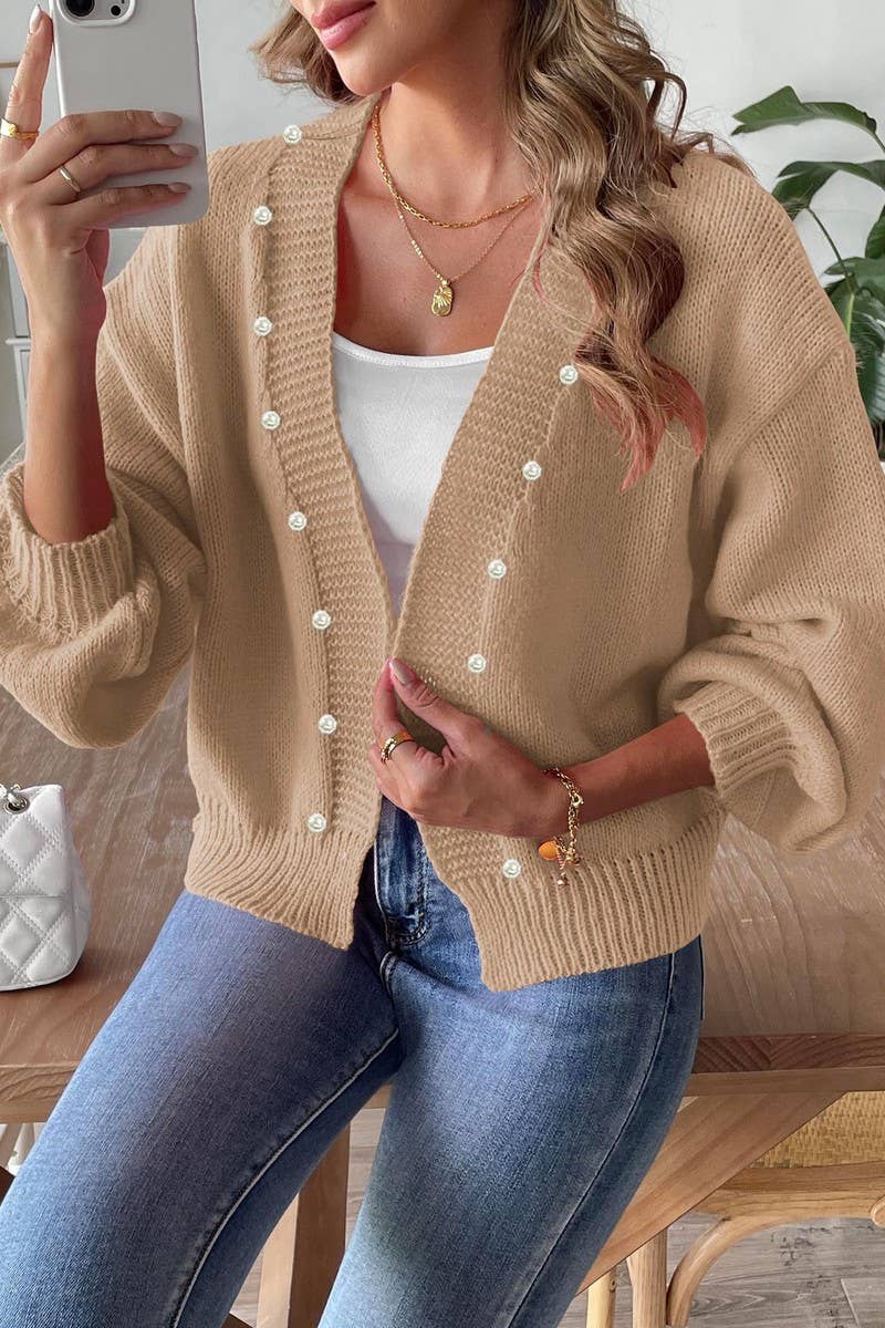 CWOSWL07334_WOMEN PEARL BEADED OPEN FRONT KNIT CARDIGAN