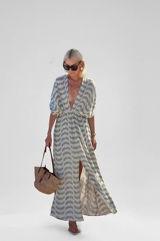 CWDHL1106_FLORAL V-NECK BELTED VACATION MAXI DRESS