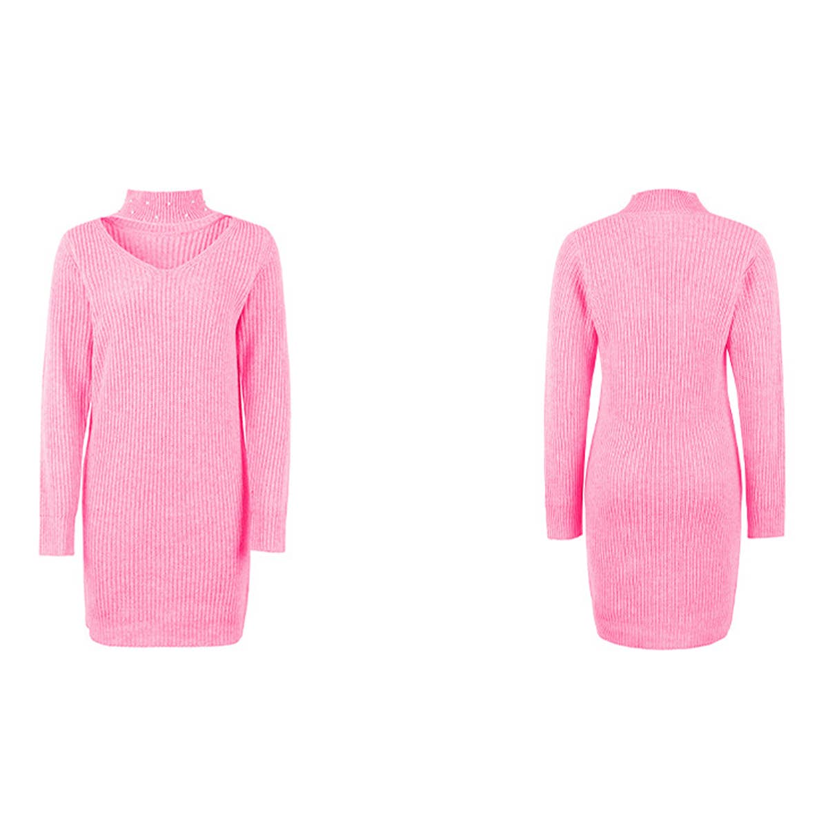 SOLID COLOR V-NECK HALTER BEADED SWEATER DRESS