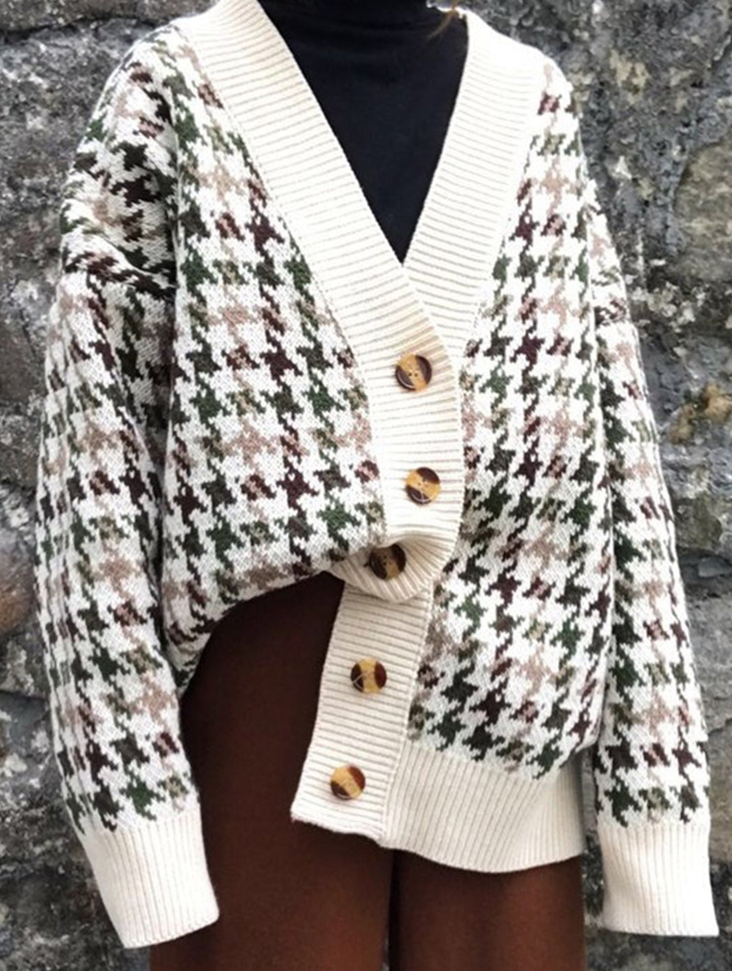 Loose button plaid color-blocking cardigan