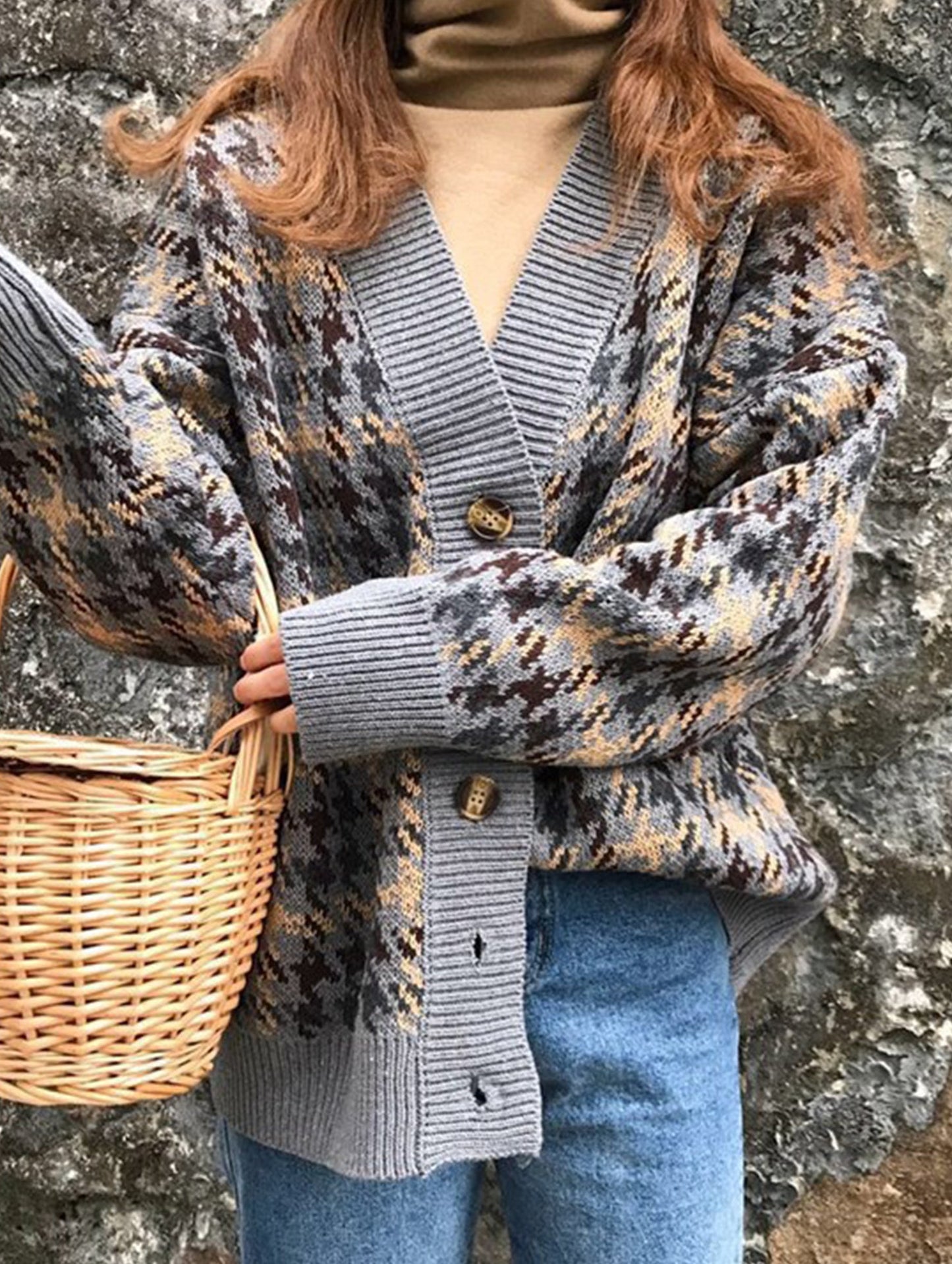 Loose button plaid color-blocking cardigan