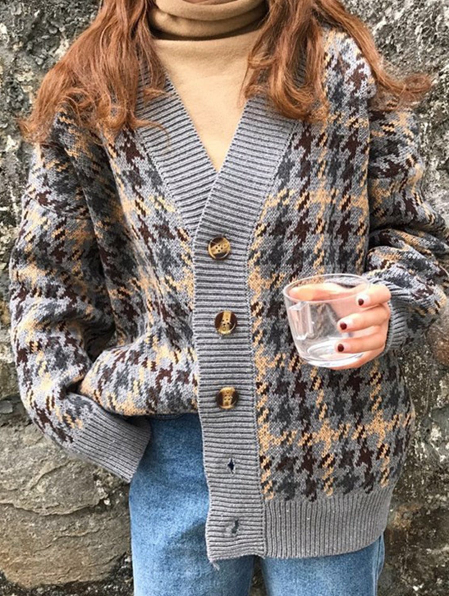Loose button plaid color-blocking cardigan