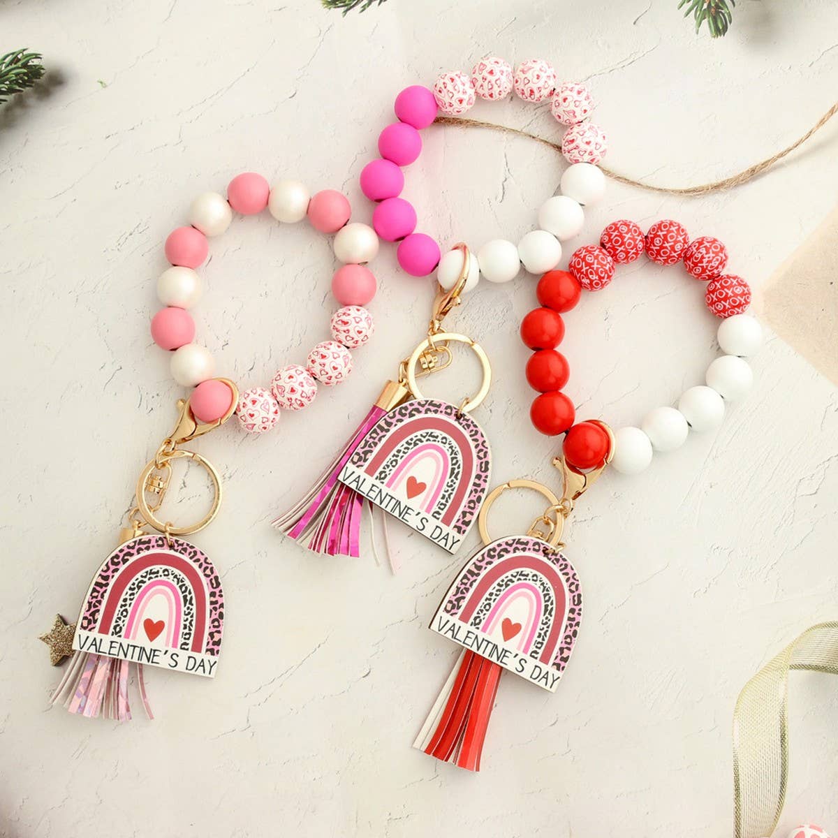 Heart Wooden Bead Bracelet Keychain Pendant