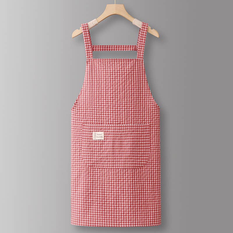 Cotton Striped Grid Kitchen Apron with Pocket
