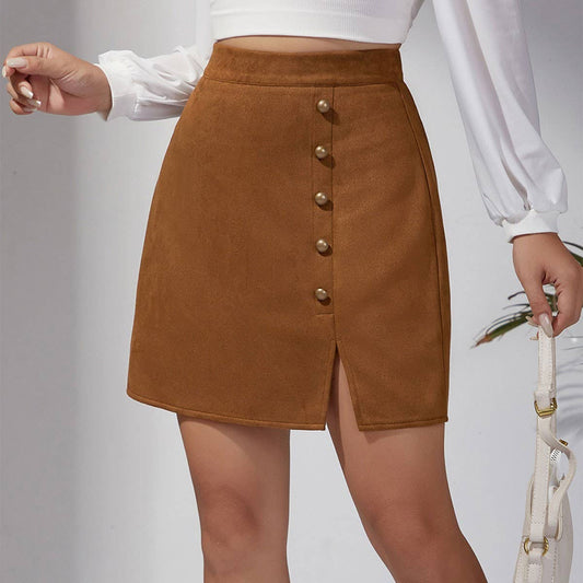 SOLID COLOR SUEDE SKIRT METAL BUTTON HIP SKIRT_CWAB4807