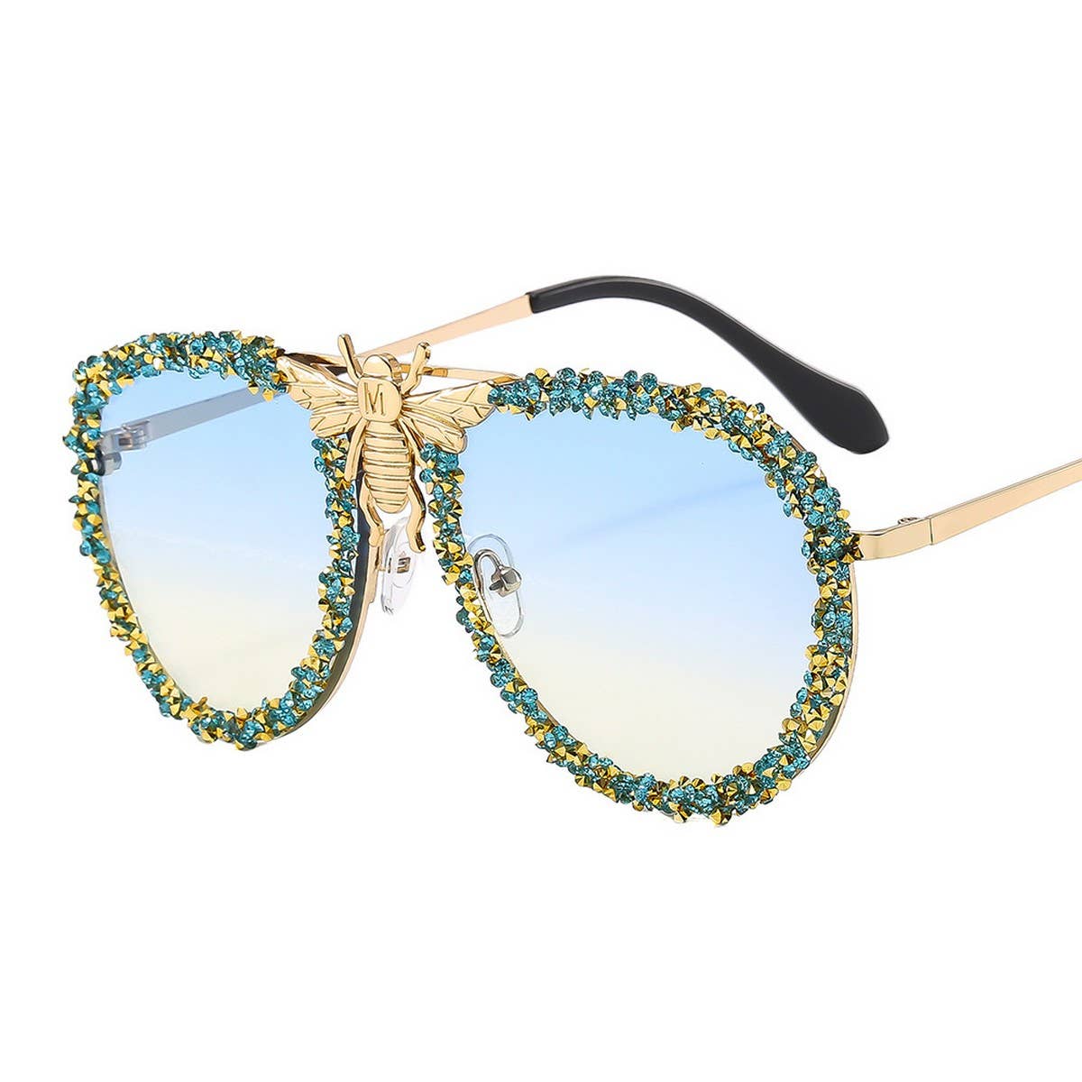 DIAMOND-STUDDED RETRO METAL LARGE FRAME SUNGLASSES