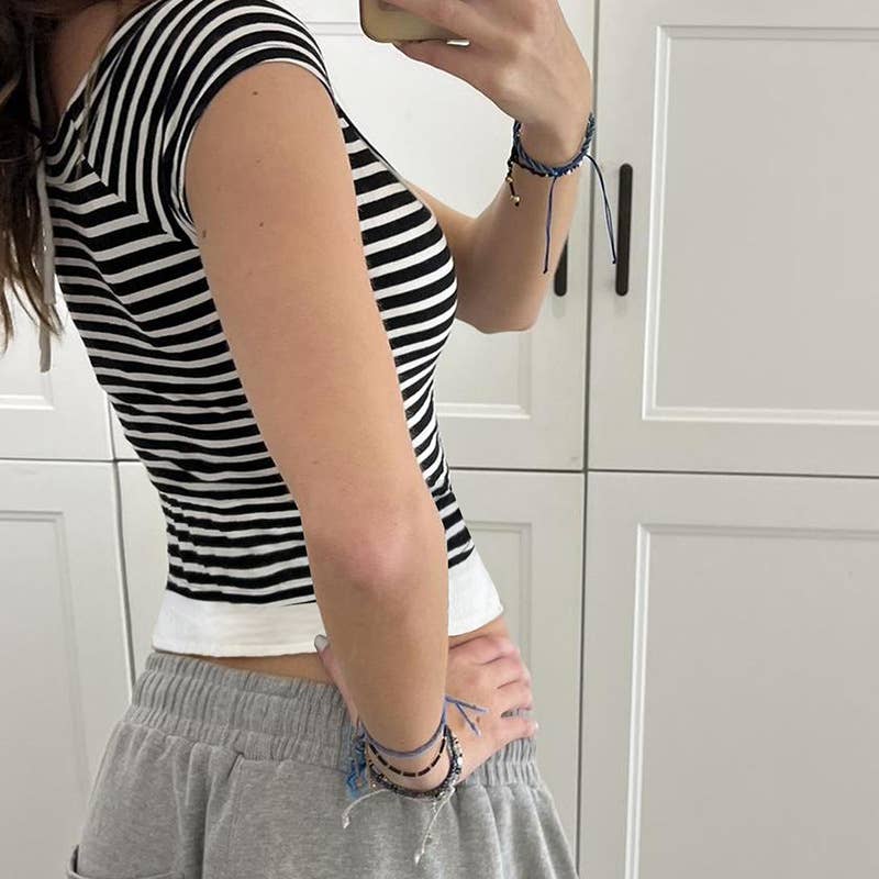 V-neck stripe color patchwork fake two T-shirts