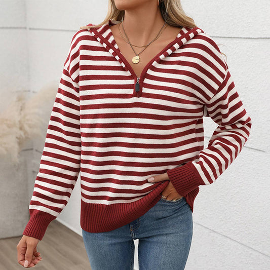 STRIPED V-NECK PULLOVER WITH ZIPPER HOODIE
