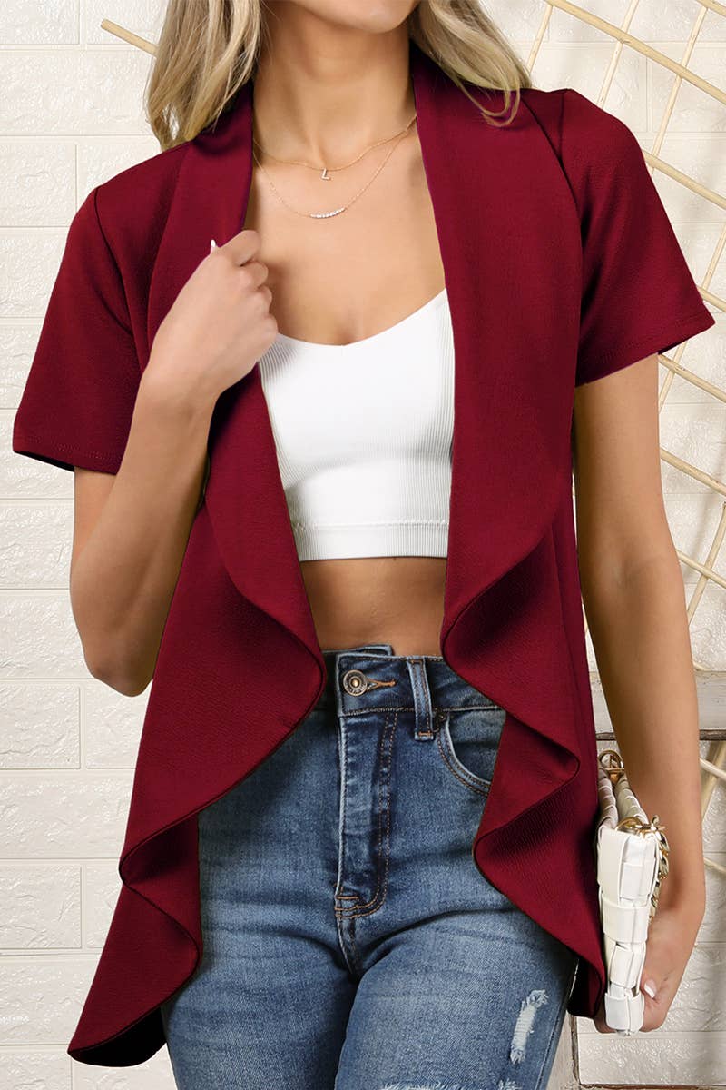 CWOBL095_Short Sleeve Open Front Draped Ruffles Blouses